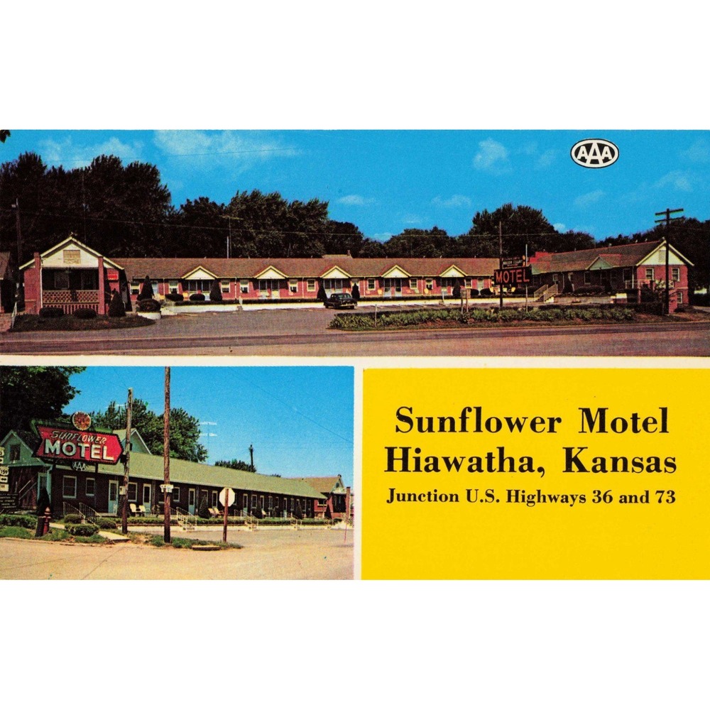 Sunflower Motel Hiawatha Kansas KS US Highway 36 73 AAA Sign Chrome Postcard